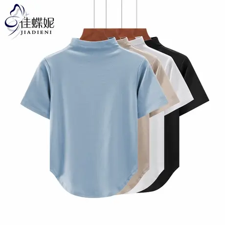 夏季新款韩版半高领宽松纯棉纯欲下摆圆弧短袖体恤上衣内搭女打底商品大图
