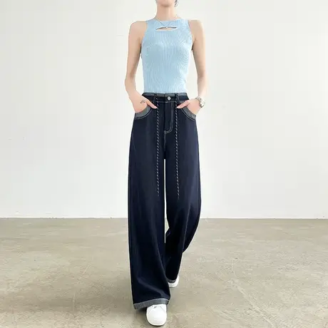 天丝阔腿牛仔裤女夏季薄款高腰宽松垂感直筒复古丹宁蓝抽绳拖地裤商品大图