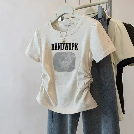 彩虹波点高级感短袖t恤女夏季新款正肩圆领短袖修身褶皱收腰上衣图片