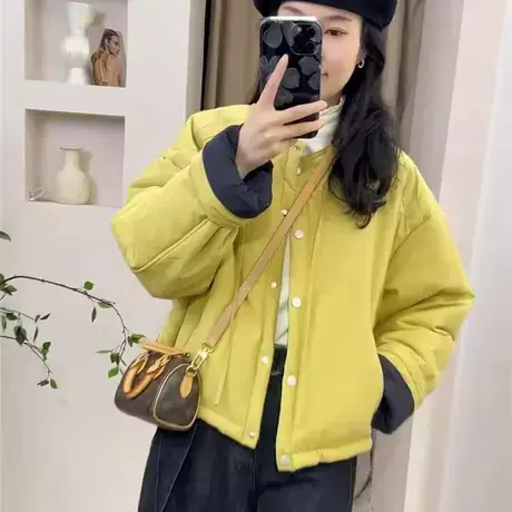 2025冬季新款撞色圆领棉衣夹棉外套女短小个子休闲宽松轻薄小棉袄图片