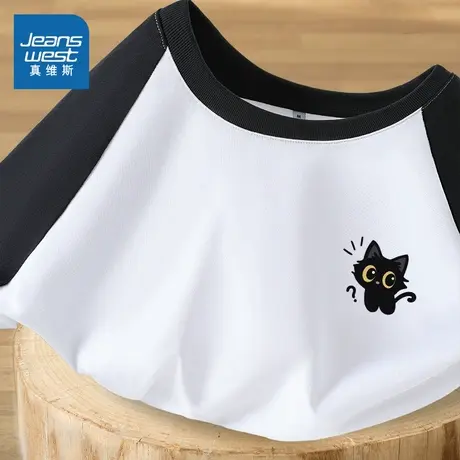 JR真维斯黑白撞色短袖T恤女2025夏新款插肩袖设计感百搭时尚上衣图片