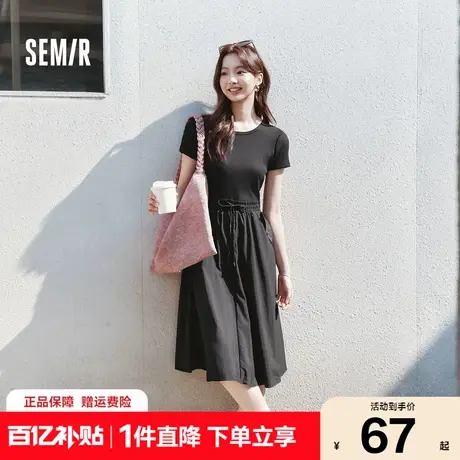 森马连衣裙女拼接修身收腰气质简约夏季休闲假两件圆领中长裙百搭商品大图