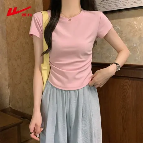 回力抽褶短袖t恤女夏季2025新款小个子正肩粉色修身半袖上衣半袖图片
