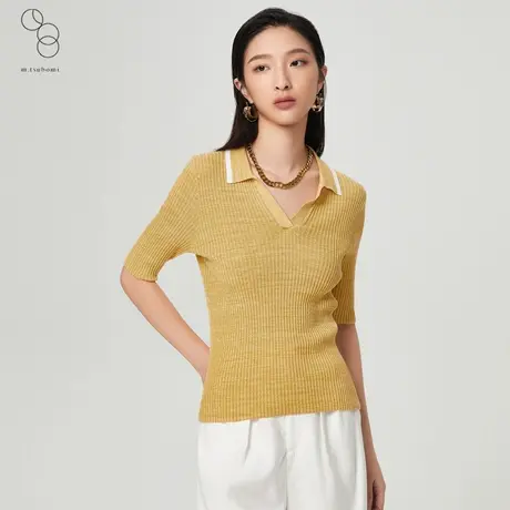 子苞米POLO领撞色螺纹针织套头衫2022春新款五分袖修身T恤上衣女商品大图