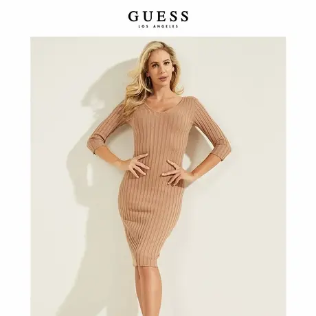 GUESS夏季新款女士V领露背修身显瘦针织长款连衣裙-商品大图