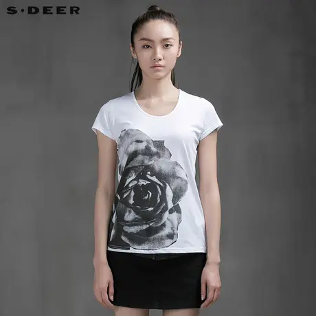 s.deer圣迪奥女装墨意花朵休闲圆领T恤S15280115图片