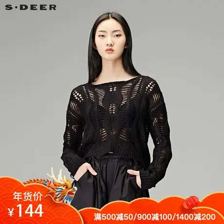 sdeer 圣迪奥秋装女装新款知性镂空圆领套头短款针织衫S18183501图片