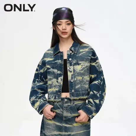 ONLY奥莱夏季潮酷做旧晕染毛边翻领短款牛仔外套女商品大图