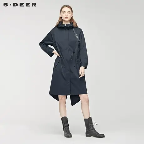 【闪购】sdeer圣迪奥女装抽绳几何贴袋开衩下摆连帽风衣S19381830图片