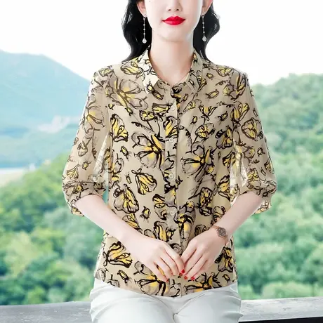 碎花七分袖雪纺衬衫女夏装2025新款洋气妈上衣宽松显瘦中袖小衫女商品大图