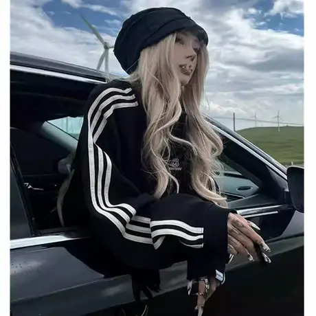 美式复古三条杠圆领套头卫衣女秋冬季小个子无帽上衣加绒加厚外套商品大图