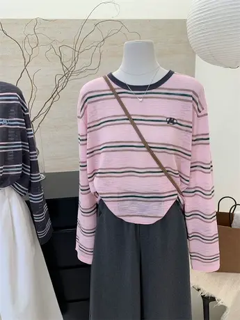 韩系2024夏季新款条纹宽松针织衫防晒衫罩衫轻薄女小衫短款上衣潮商品大图