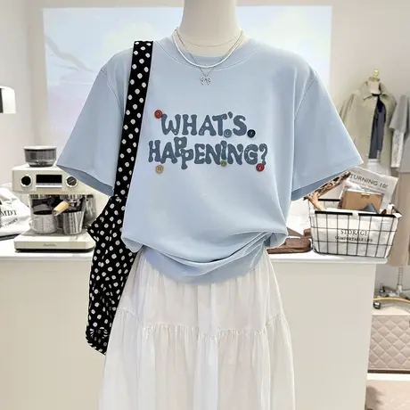 夏季新品韩系复古字母纽扣装饰宽松显瘦短袖打底衫T恤女上衣内搭图片