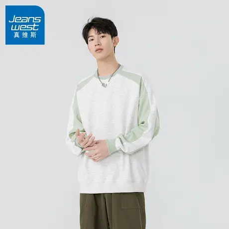 N5真维斯男士圆领卫衣2025秋季新款美式宽松撞色拼接男生春秋上衣商品大图