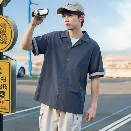 唐狮夏季新款男短袖衬衫古巴领袖口撞色翻领上衣宽松衬衫外套官方商品大图