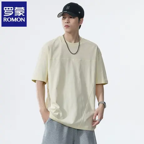 罗蒙2025年男款纯色圆领半袖上衣重磅纯棉美式大码拼接T恤夏季N1Z图片