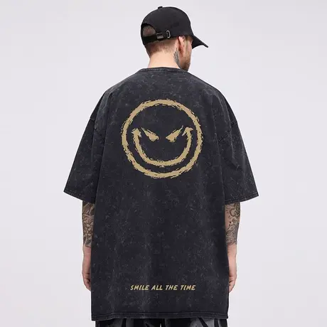 小恶魔美式重磅纯棉潮牌宽松复古水洗做旧潮流加肥加大短袖t恤男图片