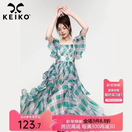 KEIKO 超耗料！南法印象复古格子连衣裙2023夏季高端精致荷叶边裙图片