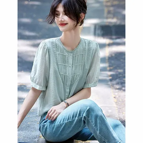 时尚气质莱赛尔薄款短袖衬衫女2025年夏季新品减龄显瘦百搭上衣图片