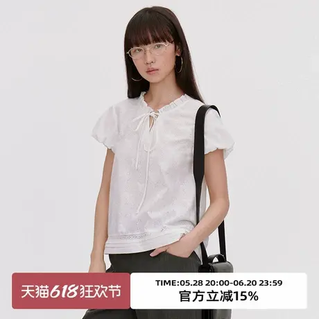 omont蛋挞家复古肌理感苞苞袖短袖衬衫2025夏季木耳边显瘦a字上衣商品大图