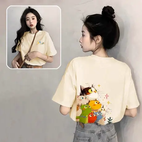 爆款夏季可爱猫咪杏色纯棉短袖t恤女2025新款宽松显瘦减龄上衣潮商品大图