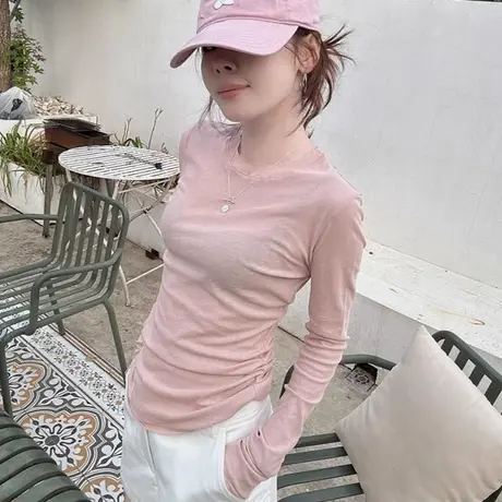 粉色修身面膜长袖t恤女秋季内搭薄款正肩罩衫打底衫独特漂亮上衣商品大图