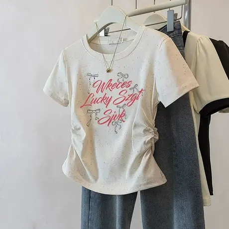 潮流短款收腰t恤女彩虹波点2025新款褶皱修身短袖减龄小个子上衣商品大图