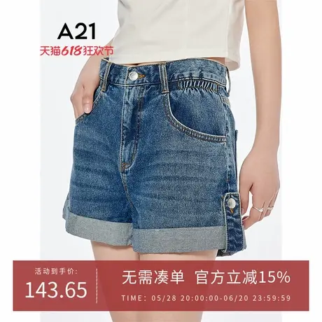 A21女装浅蓝水洗翻边牛仔裤2025夏季新款简约宽松短裤显瘦直筒裤商品大图
