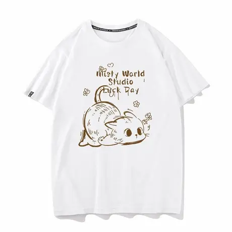 小猫咪一天美式纯棉短袖t恤女夏季宽松大版上衣服设计感小众体恤图片
