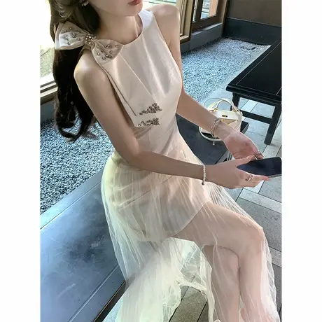 韩语琳 7/08 名媛气质韩系蝴蝶结无袖网纱拼接连衣裙小众设计长裙商品大图