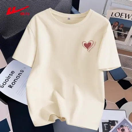 回力杏色短袖t恤女夏季2025新款宽松大码女装体恤纯棉半袖打底衫图片