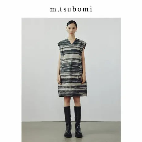 子苞米宽松条纹V领无袖连衣裙2024春新款中长款设计感直筒裙子女商品大图