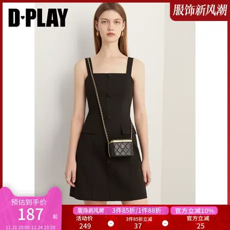 DPLAY秋通勤OL风气质方领单排扣A字吊带西装连衣裙小黑裙图片