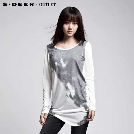 圣迪奥sdeer 女装冬装泼墨晕染斜摆长袖圆领T恤2480234图片