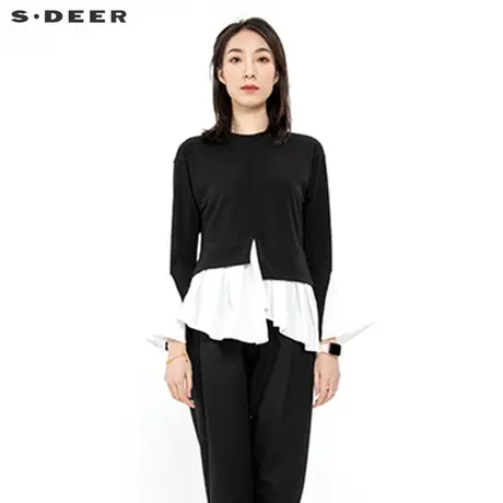 【直播间专属】sdeer圣迪奥女装圆领撞色拼接不规则T恤S221Z0207图片
