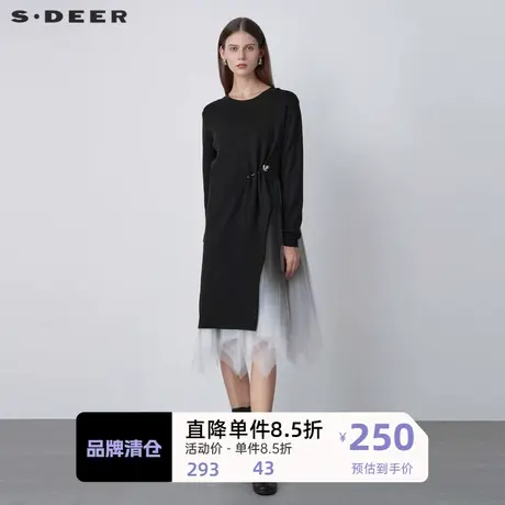 sdeer圣迪奥女装时尚罗纹圆领不规则网纱连衣裙S221Z1241图片