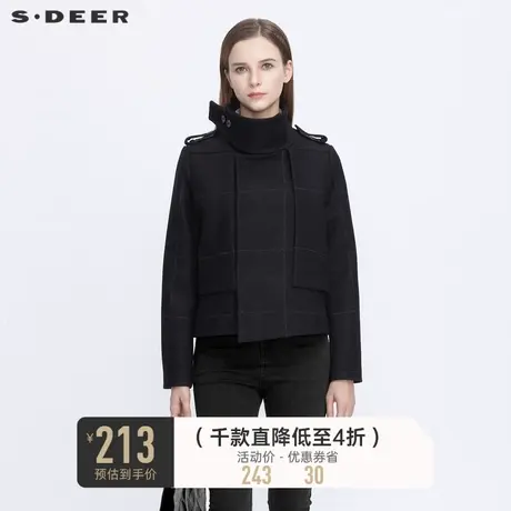 sdeer圣迪奥冬季通勤时尚立领格纹拼接毛呢短款外套女S20482221图片