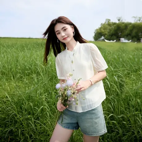 气质衬衫2025年夏季新款简约高级百搭天丝短袖T温柔减龄上衣商品大图