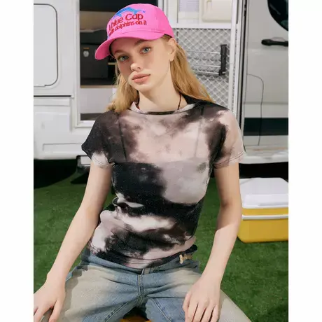 a02废土风半高领半透设计打底衫2025春季个性扎染女式T恤图片