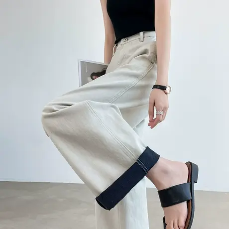 撞色翻边阔腿牛仔裤女2025夏季薄款高腰垂感宽松显瘦小个子直筒裤商品大图