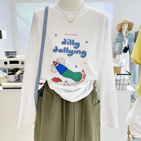 薄款卡通创意印花夏季简约韩系宽松显瘦白色长袖T恤女防晒衫罩衫商品大图