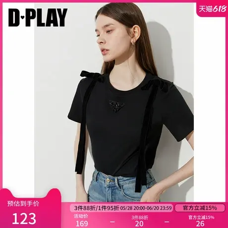 DPLAY2025年夏季新款黑色t恤女好看法式宽松独特蝴蝶结上衣短袖商品大图