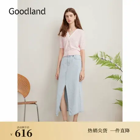 Goodland美地夏季撞色V领假两件毛针织衫法式优雅上衣图片