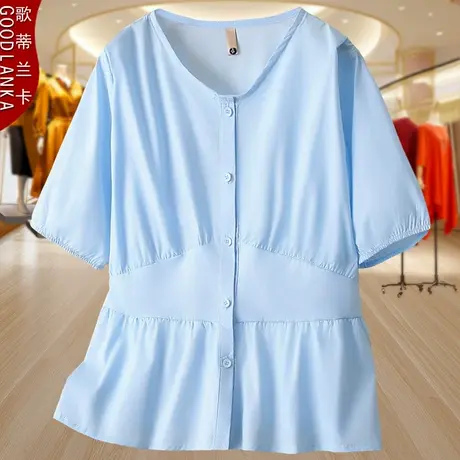 大码女装纯棉衬衫中年妈妈夏季纯色小衫宽松显瘦V领短袖正肩上衣商品大图