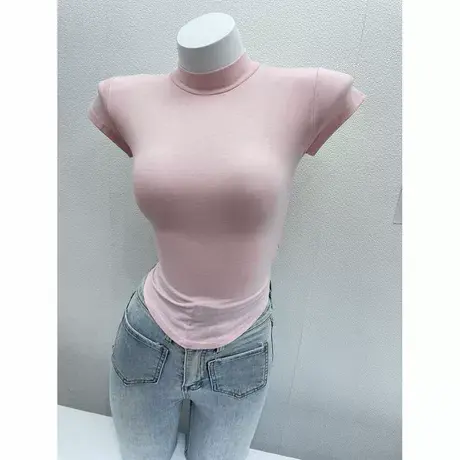 简约有气质~收腰显胸大半高领短袖T恤女薄款微透紧身打底衫上衣秋商品大图