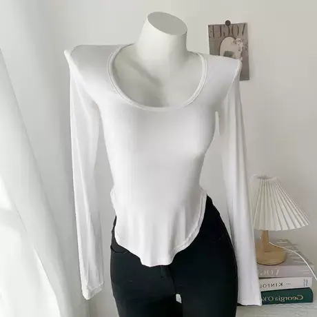 纯欲性感防晒衣夏季紧身显胸U领弧形上衣辣妹透视薄款长袖T恤图片