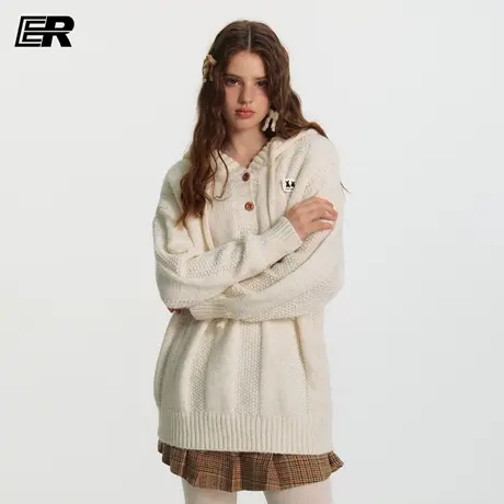 ER半开衫麻花毛衣美式慵懒软糯连帽针织衫2025秋冬潮牌宽松线衣图片