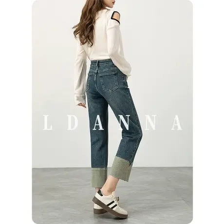 2025新款卷边直筒牛仔裤女高腰翻边蛋卷裤小个子九分烟管裤法棍裤商品大图