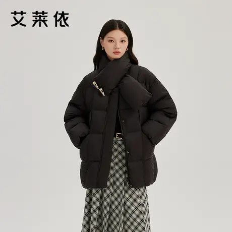 艾莱依羽绒服冬季女士新款围巾领温暖防风牛角扣质感鸭绒简约外套商品大图