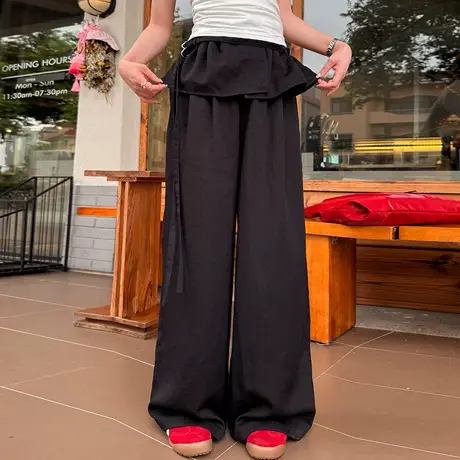 尔给夏季设计感小裙摆拼接阔腿裤女气质显瘦高腰垂感宽松直筒裤商品大图